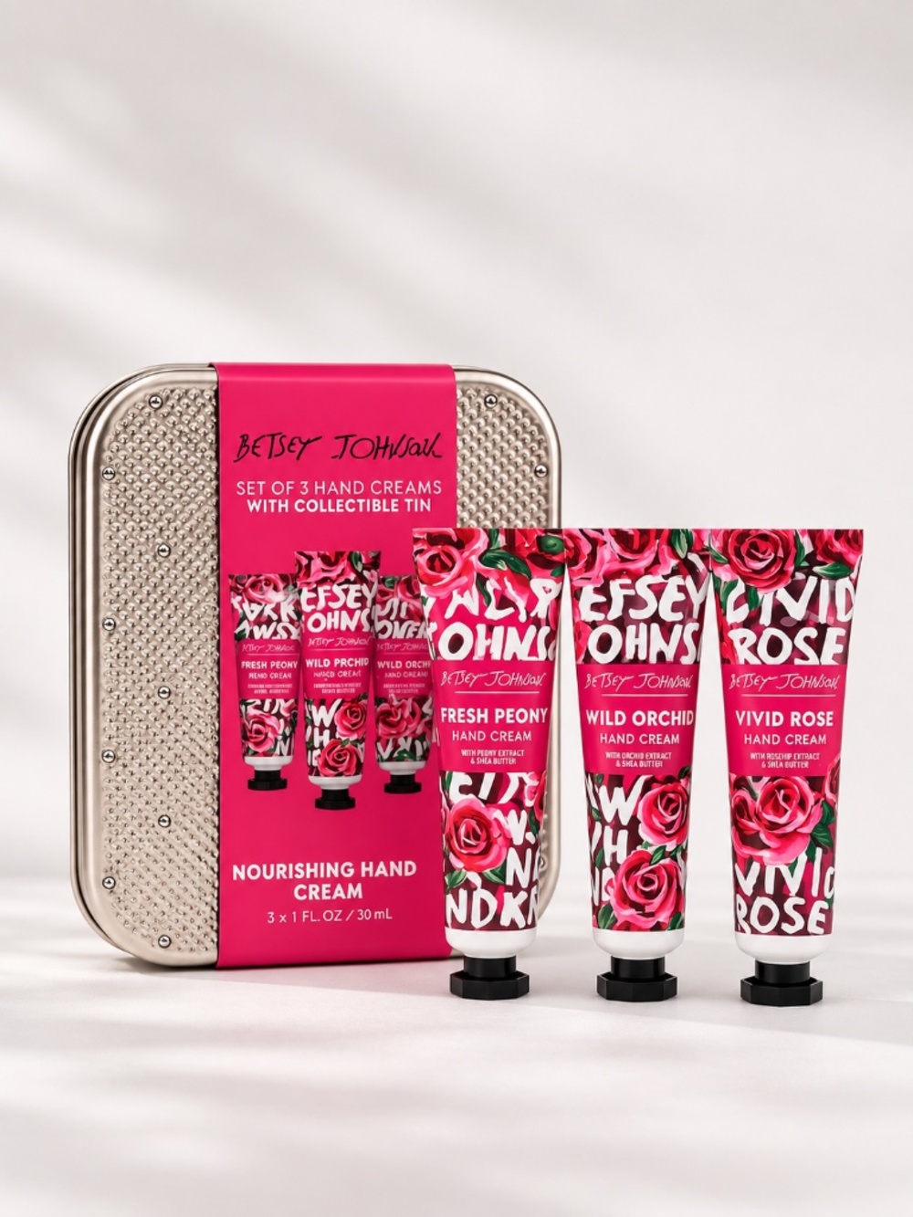 NIB BETSEY JOHNSON Hand Cream Gift Set Trio Peony Orchid Rose Holiday Box 3pc